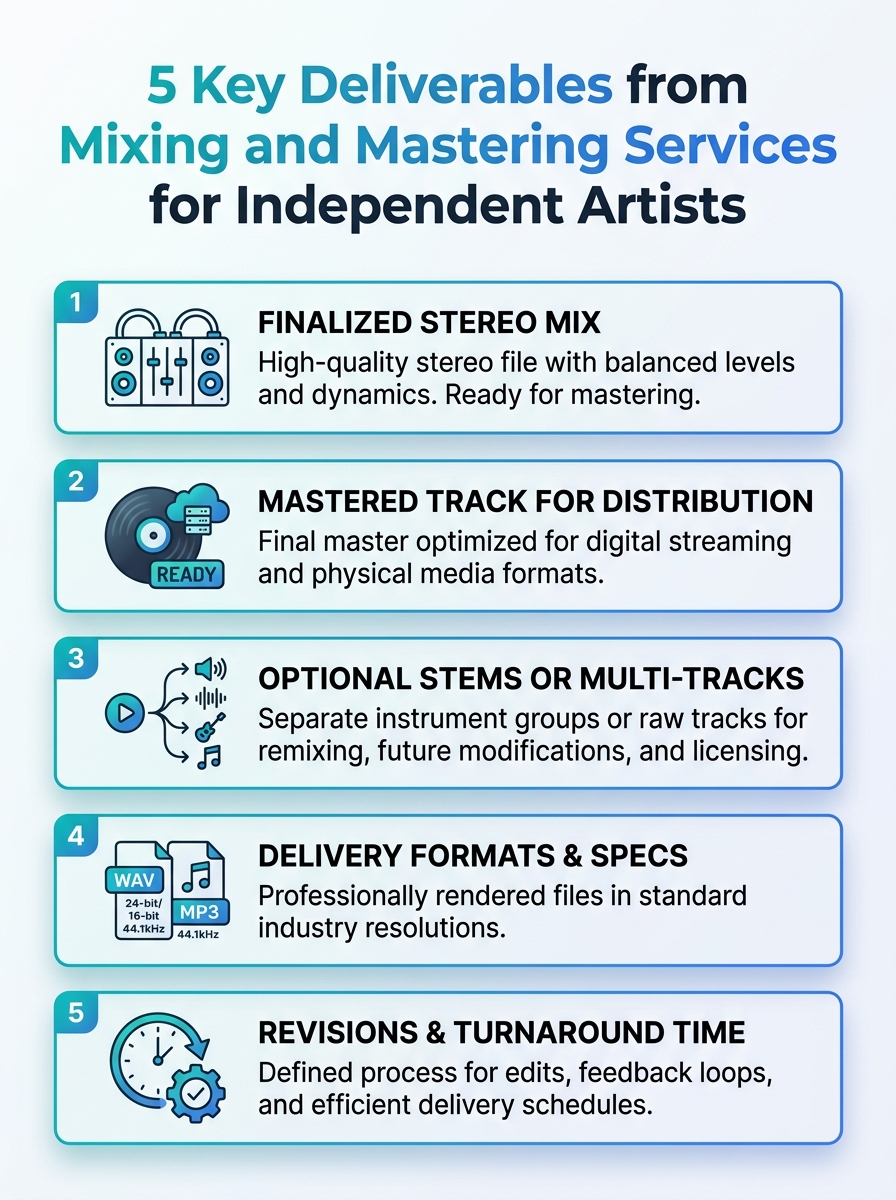 Infographic showing 5 key deliverables in mixing and mastering for independent artists.