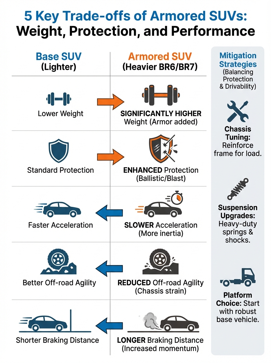 Armored SUV weight trade-offs explained: 5 key trade-offs in weight, protection, and performance.