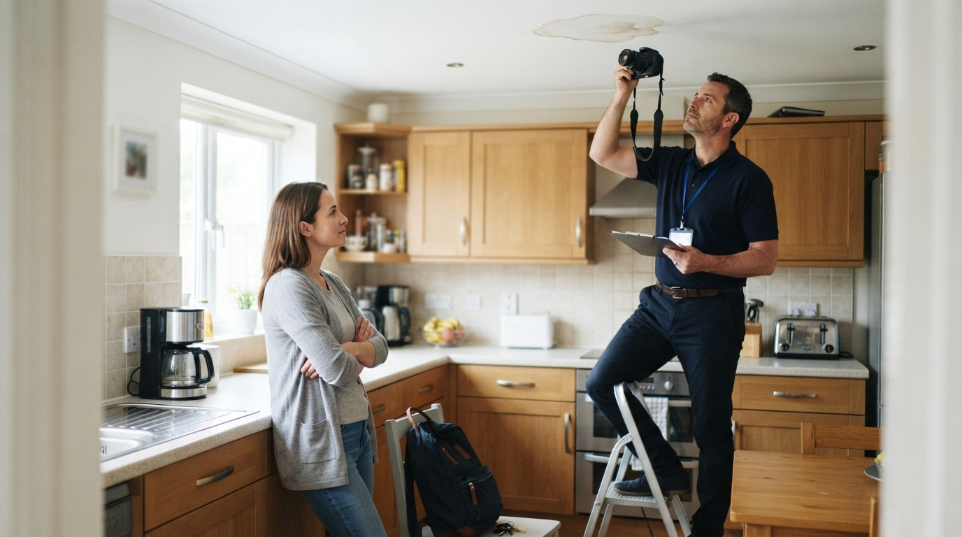 A tenant waits in a bright kitchen as an inspector photographs a water stain on the ceiling, keeping personal belongings