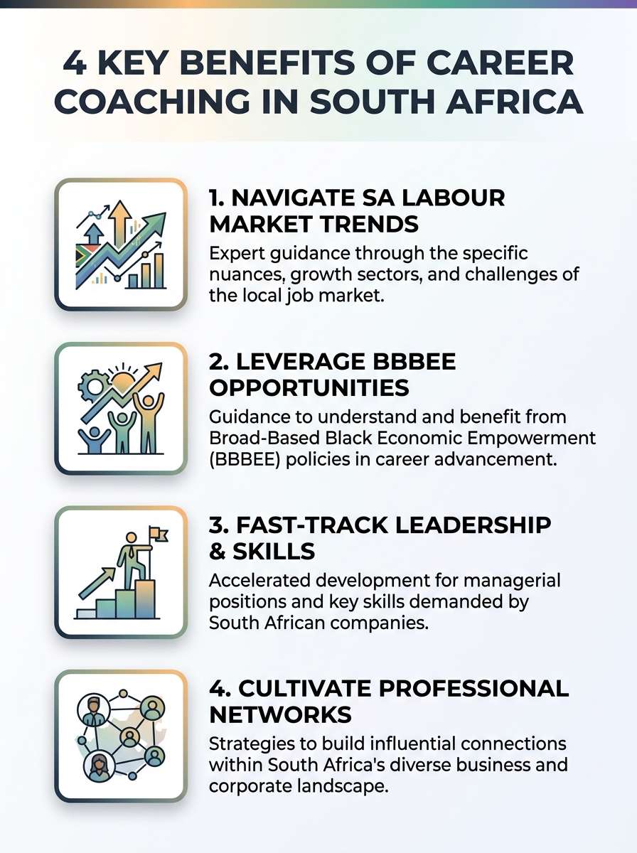 Infographic showing 4 key benefits of career coaching in South Africa.