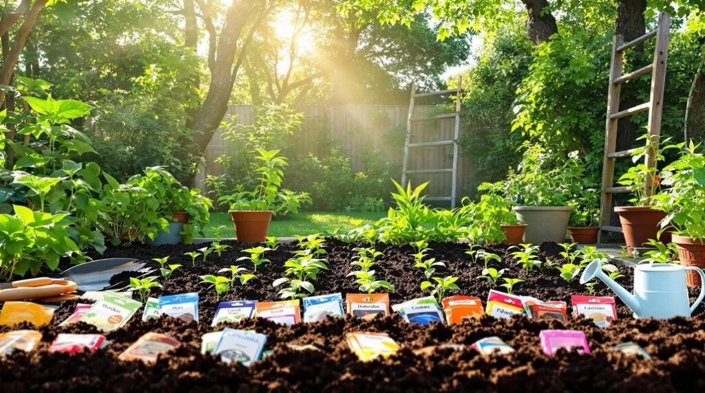 Rows of vegetable seedlings in dark soil with plant labels and a watering can in a sunny garden.