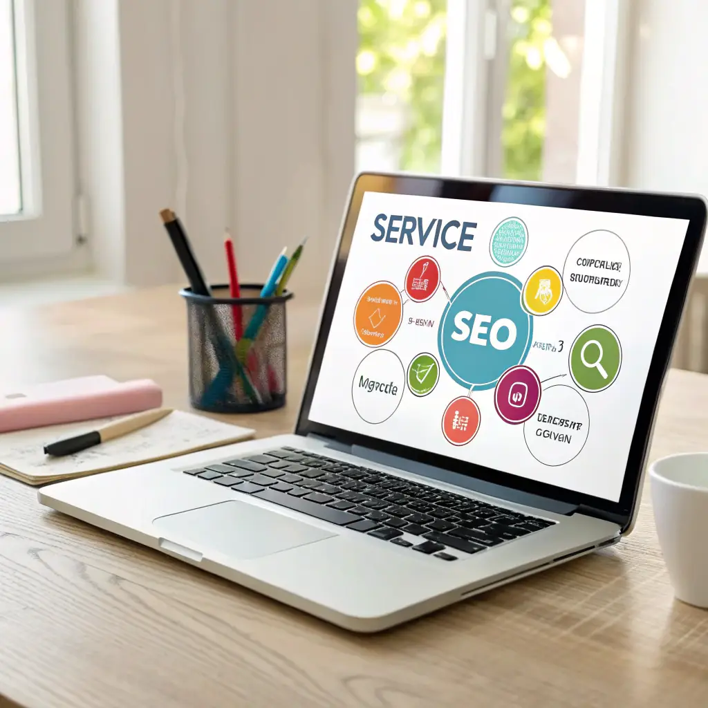 Laptop displaying SEO and content strategy graphics relevant to onboarding compliance