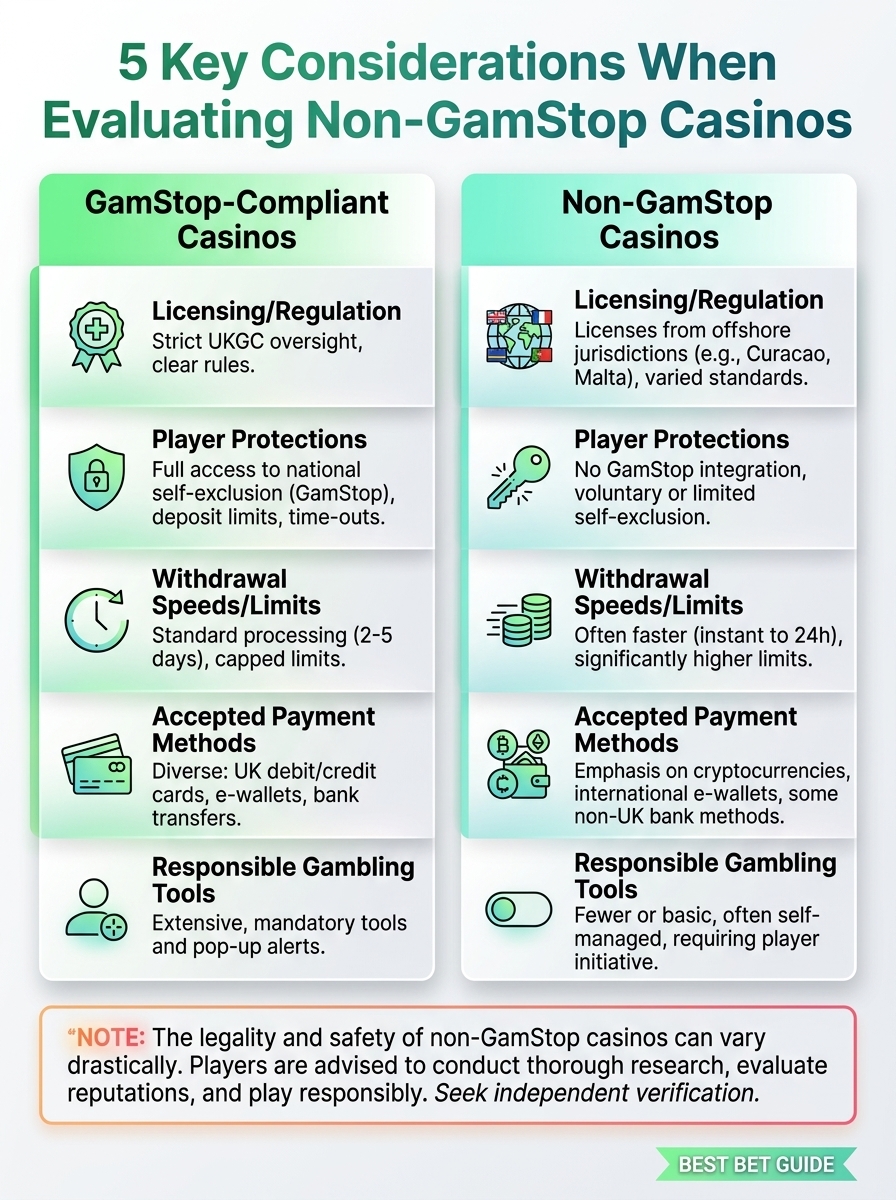 Infographic showing 5 key considerations for evaluating best non-GamStop casinos.