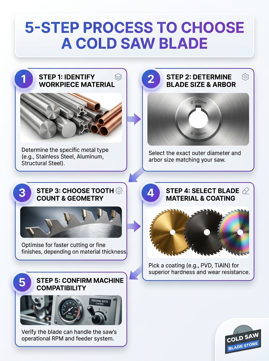 Infographic detailing a 5-step process to choose a cold saw blade for the job