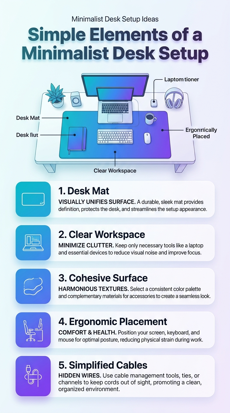 Infographic showing simple elements of a minimalist desk setup, including a clear workspace and essential accessories.