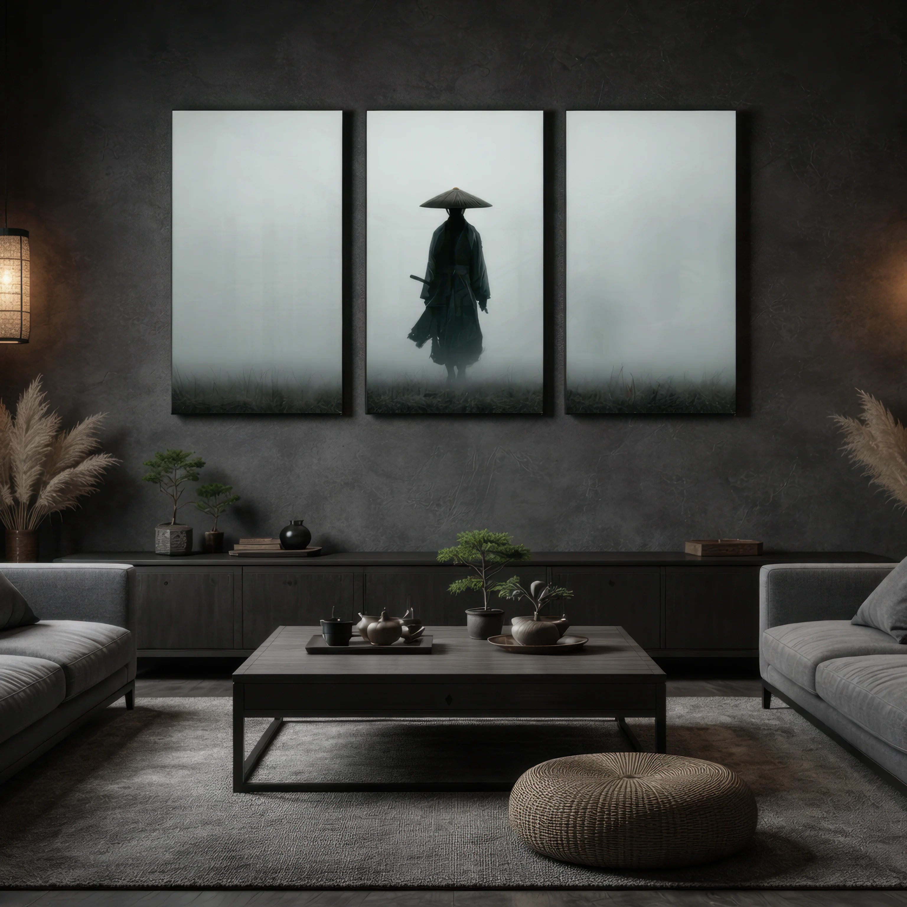 Silent Ronin Mist Japanese Samurai triptych wall art sized as one three-panel composition