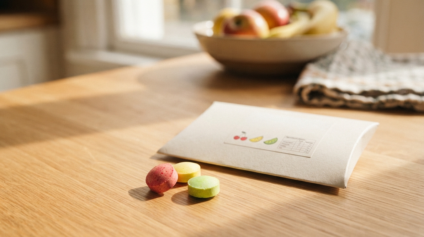 Three brightly colored flavored tablets sit beside a plain package listing ingredients and three flavor options on a sunlit