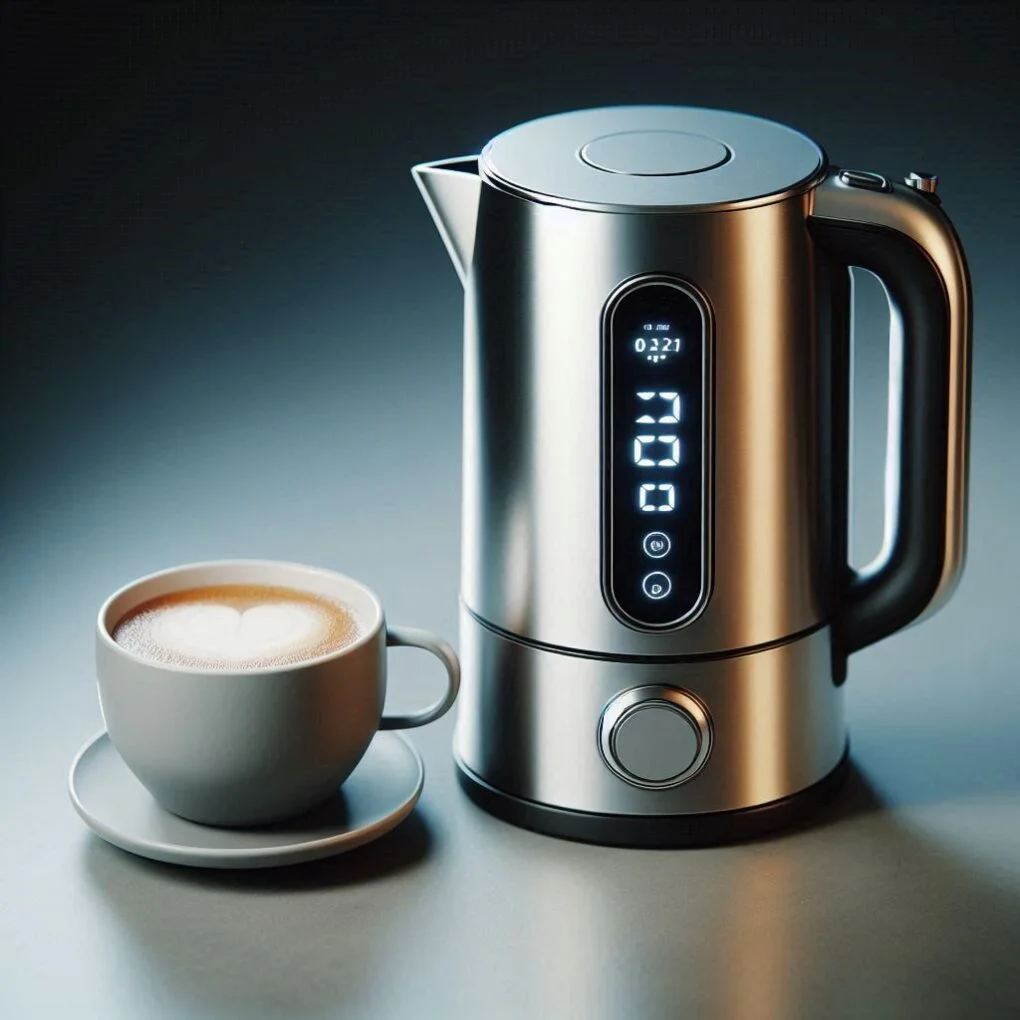 Stainless steel electric kettle with a digital display beside a cup