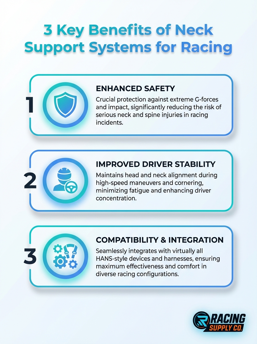Infographic showing 3 key benefits of neck support systems for racing to improve safety and performance