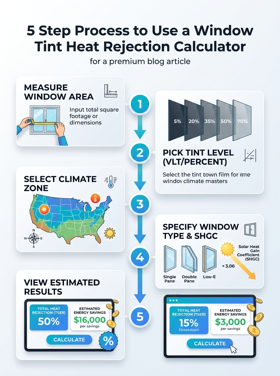 Infographic: 5-step process to use a window tint heat rejection calculator, outlining how to estimate heat rejection for window tint.