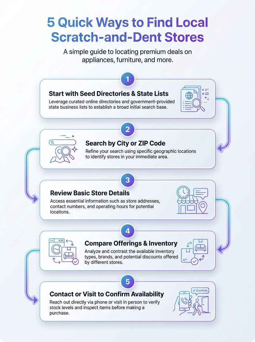 Infographic showing 5 quick ways to find local scratch-and-dent stores, including online search and referrals.