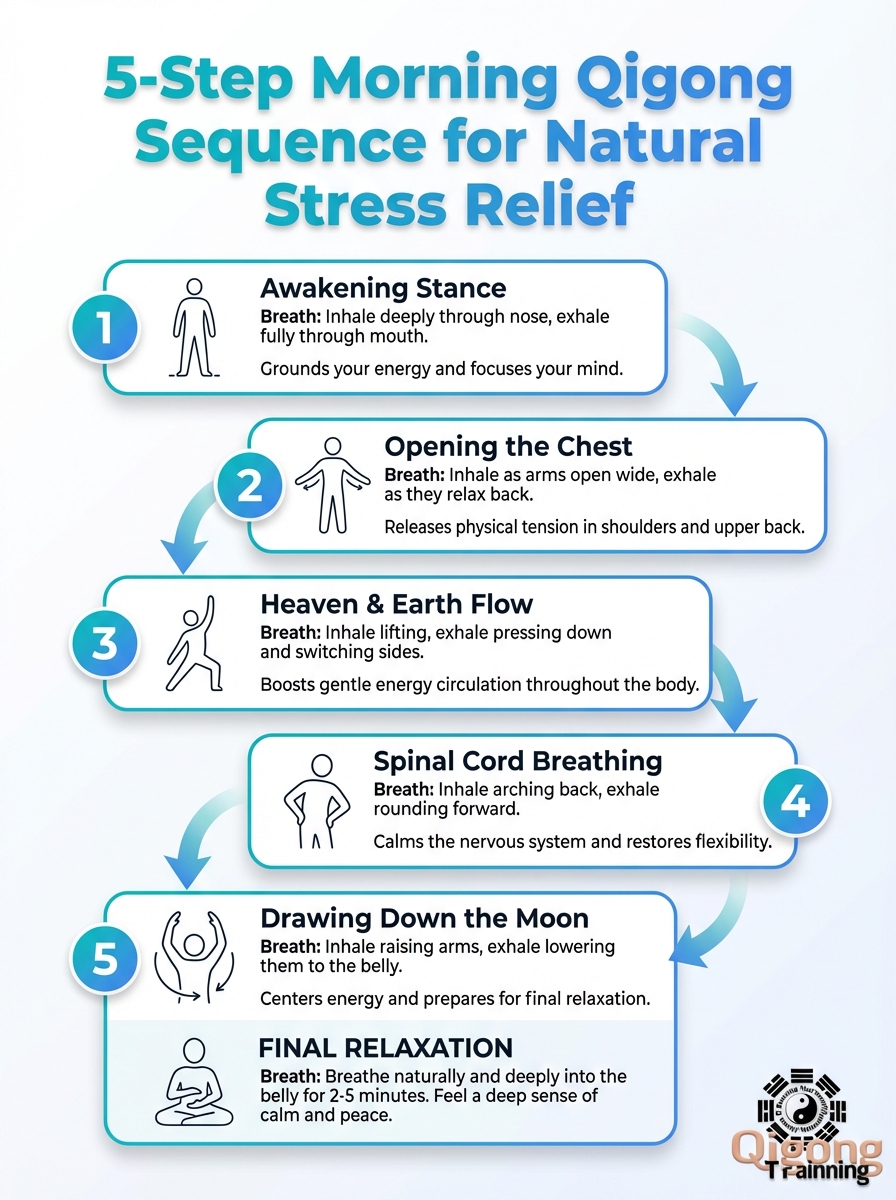 5-step morning qigong sequence for natural stress relief; simple routine to reduce stress.