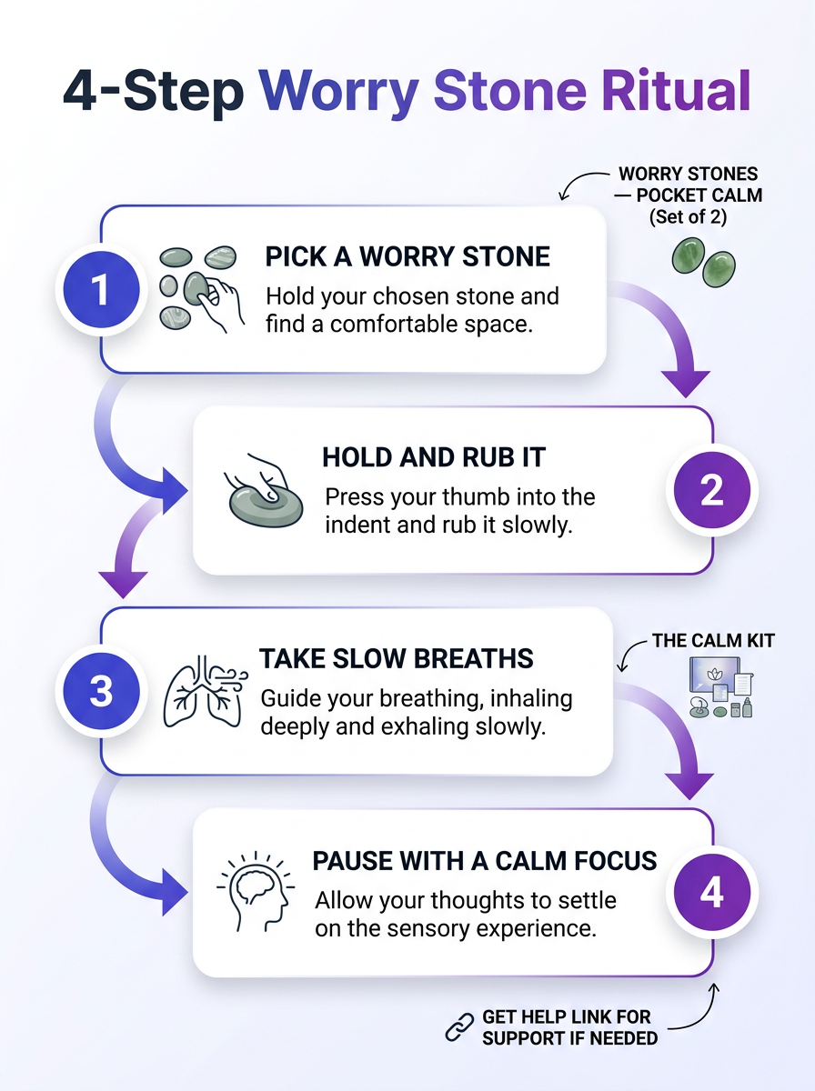 Infographic showing how to use a worry stone in four steps: hold, stroke, breathe, and stay with it.