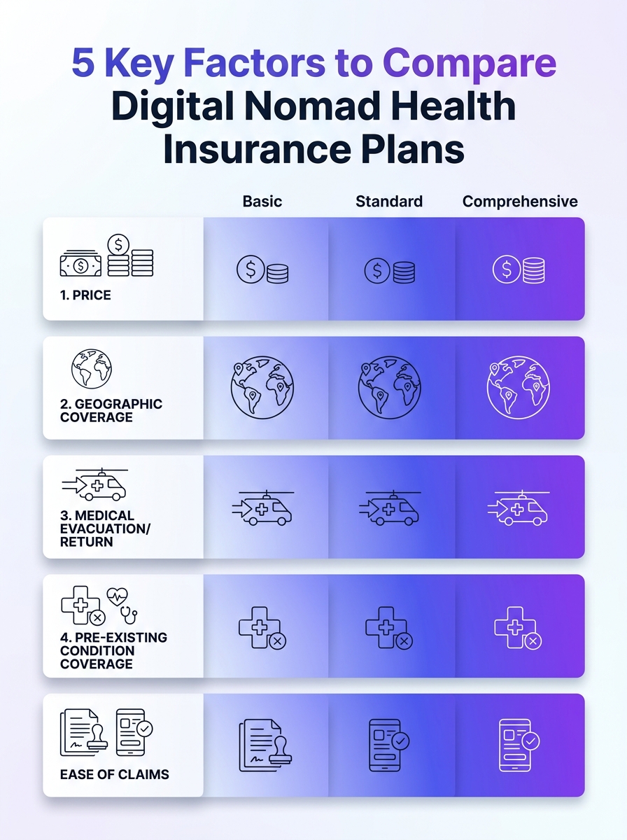 Infographic showing five key factors to compare digital nomad health insurance plans for independent workers.