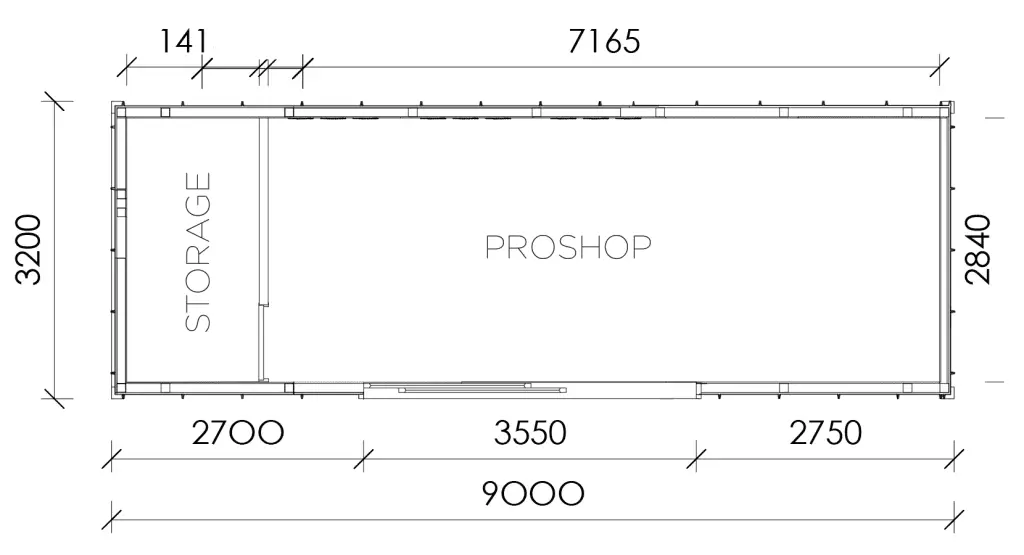 Architectural floor plan showing dimensions of a pro shop and storage area layout.