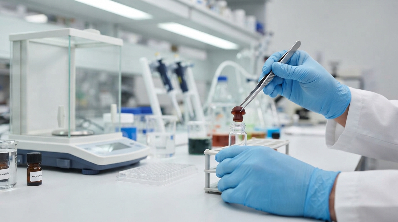 Gloved hands place a mushroom gummy into a sample vial beside testing equipment in a brightly lit laboratory.