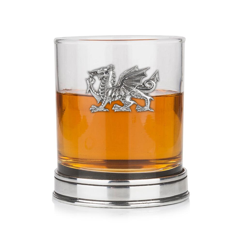 Welsh Dragon pewter whisky tumbler with polished base