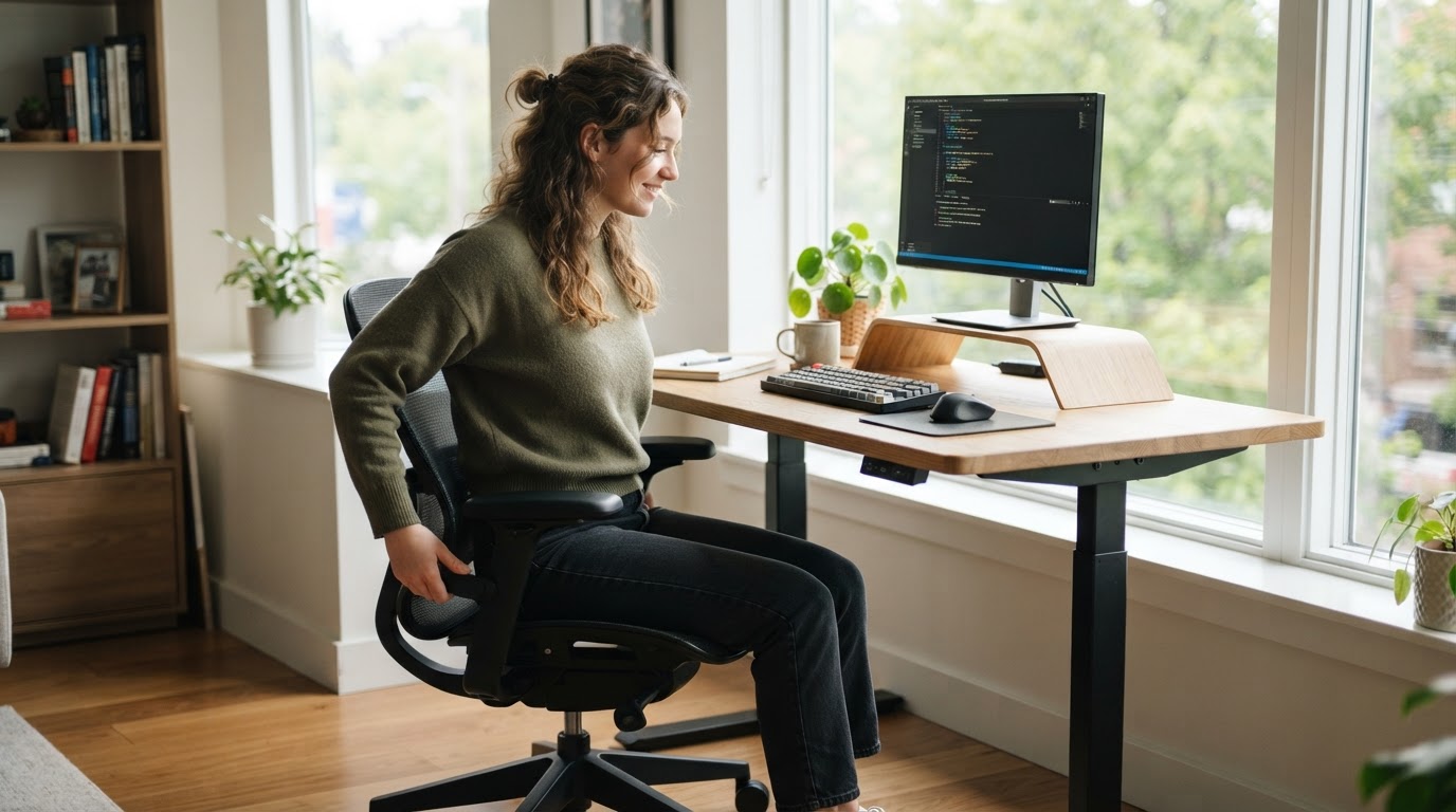 A student adjusts an ergonomic chair at a compact standing desk beside a bright window, with a raised monitor and clear
