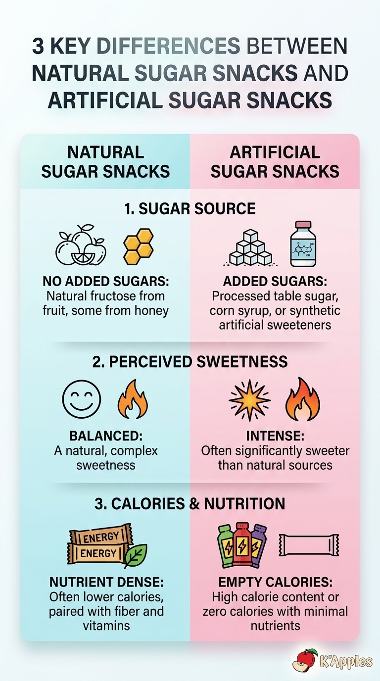 Infographic comparing natural vs artificial sugar snacks, highlighting 3 differences in ingredients and sugar content.