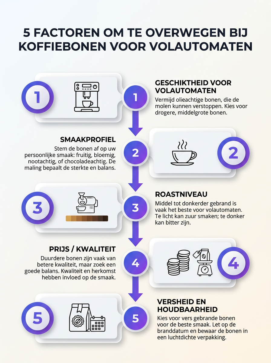 Infographic toont de 5 factoren om te overwegen bij koffiebonen voor volautomaten (welke koffiebonen voor volautomaat)