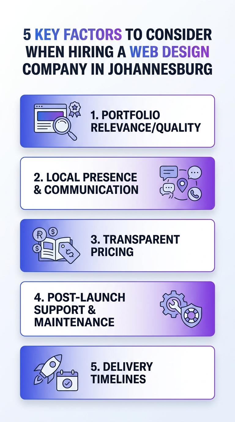 Infographic highlighting 5 key factors to consider when hiring web design companies in Johannesburg.