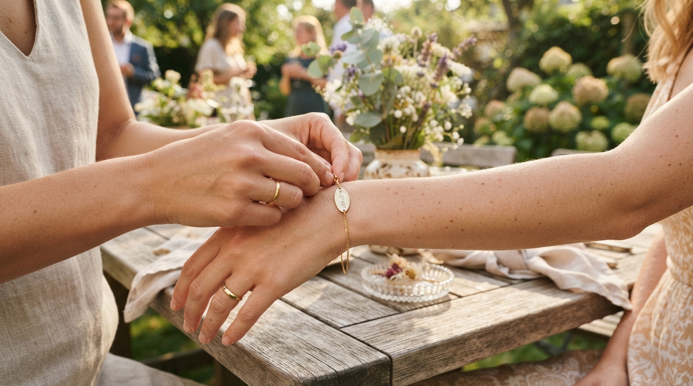 Hands fasten a fine gold bracelet engraved with a wedding date around a wrist beside a sunlit garden table.