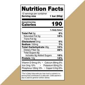 No Nuts Chocolate Chip bar nutrition facts label - 12g protein, 9g fiber, 190 calories