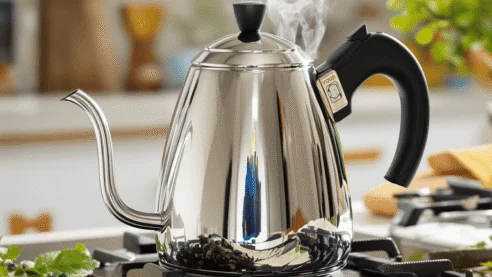 Stainless steel kettle steaming on a stovetop