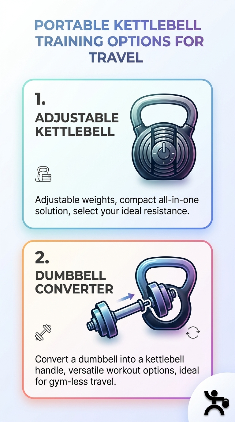 Infographic showing carrying cases and travel accessories for kettlebells and portable kettlebell training options for travel