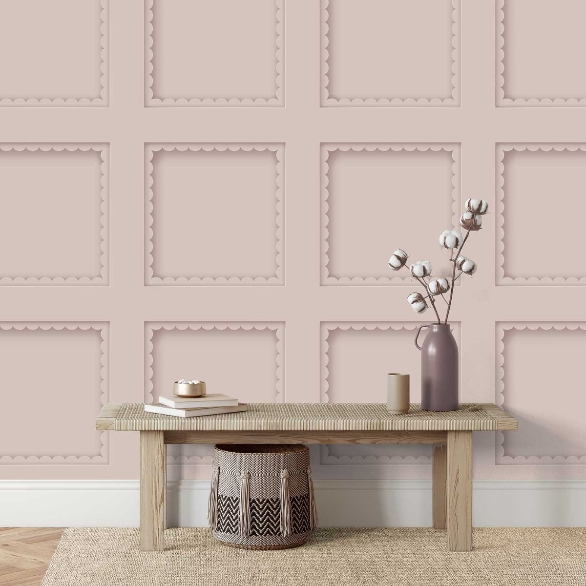 Scalloped Panel Warm Soft Pink Wallpaper Styled