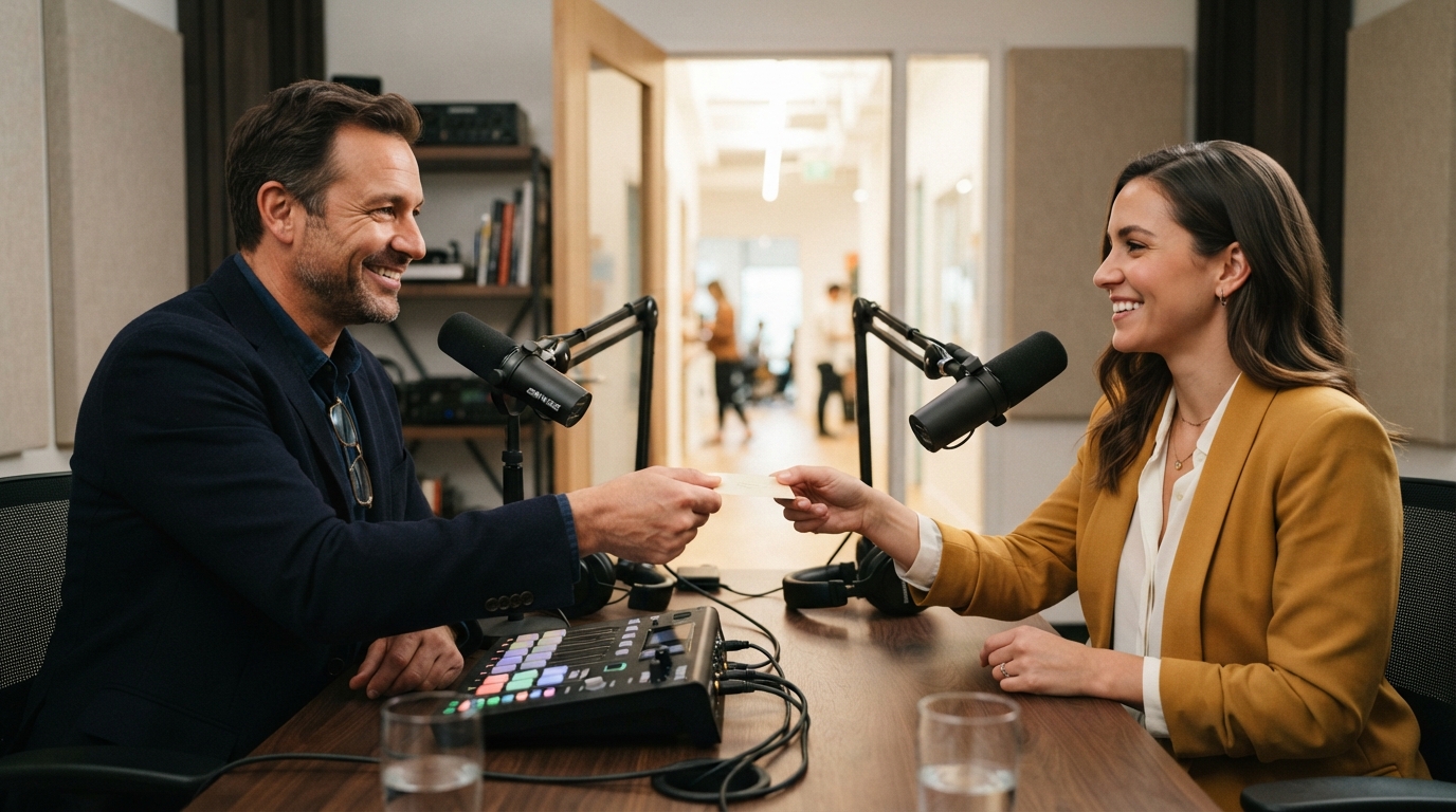 A guest and podcast host exchange contact cards after recording in a bright studio, microphones between them and an open