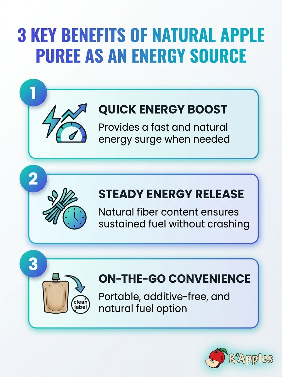 Infographie : 3 avantages clés de la purée de pommes naturelle comme source d'énergie (purée de pommes naturelle, source d'énergie)
