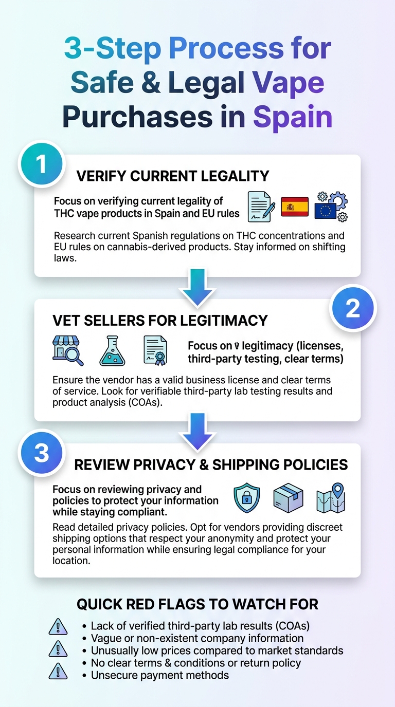 3-step process for safe, legal THC vape purchases in Spain with discreet shipping.