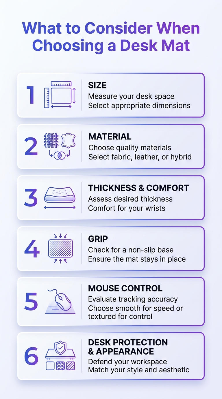 Infographic showing what to consider when choosing a desk mat, including size, material, and desk protection.