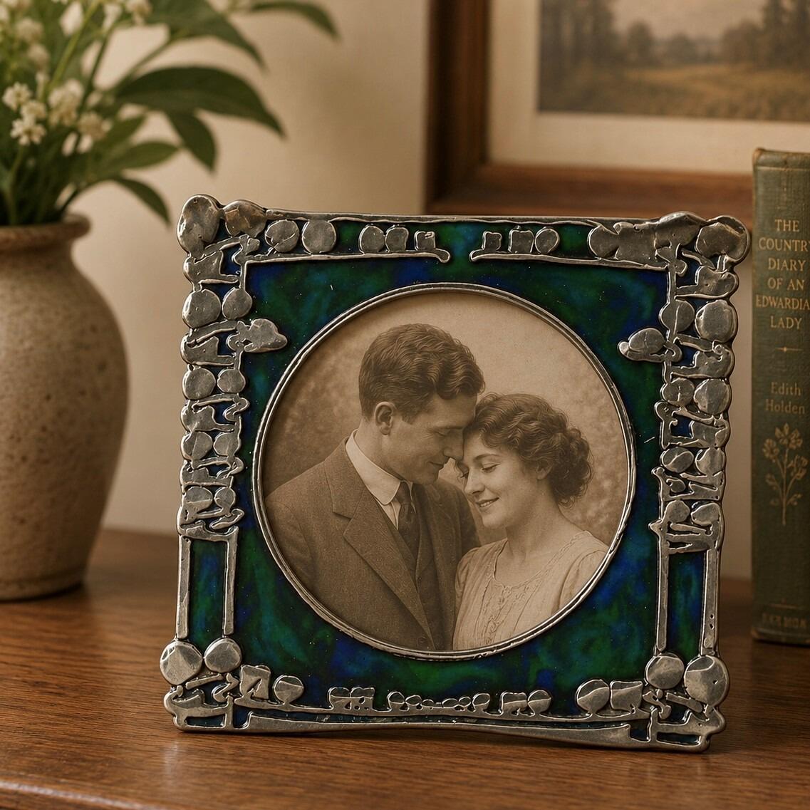 Art Nouveau square pewter picture frame with honesty plant design and blue-green enamel