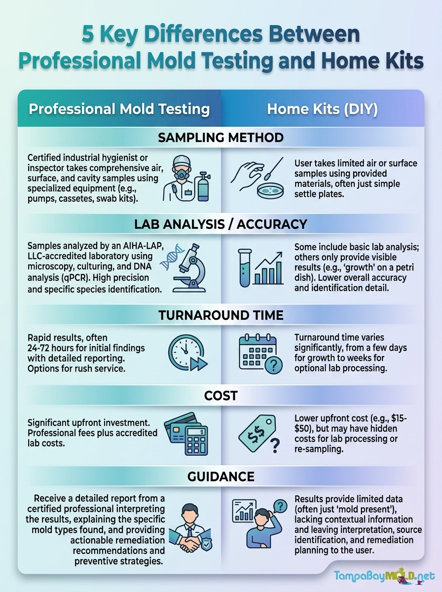 Infographic comparing professional mold testing vs home kits, with 5 key differences in accuracy and cost.