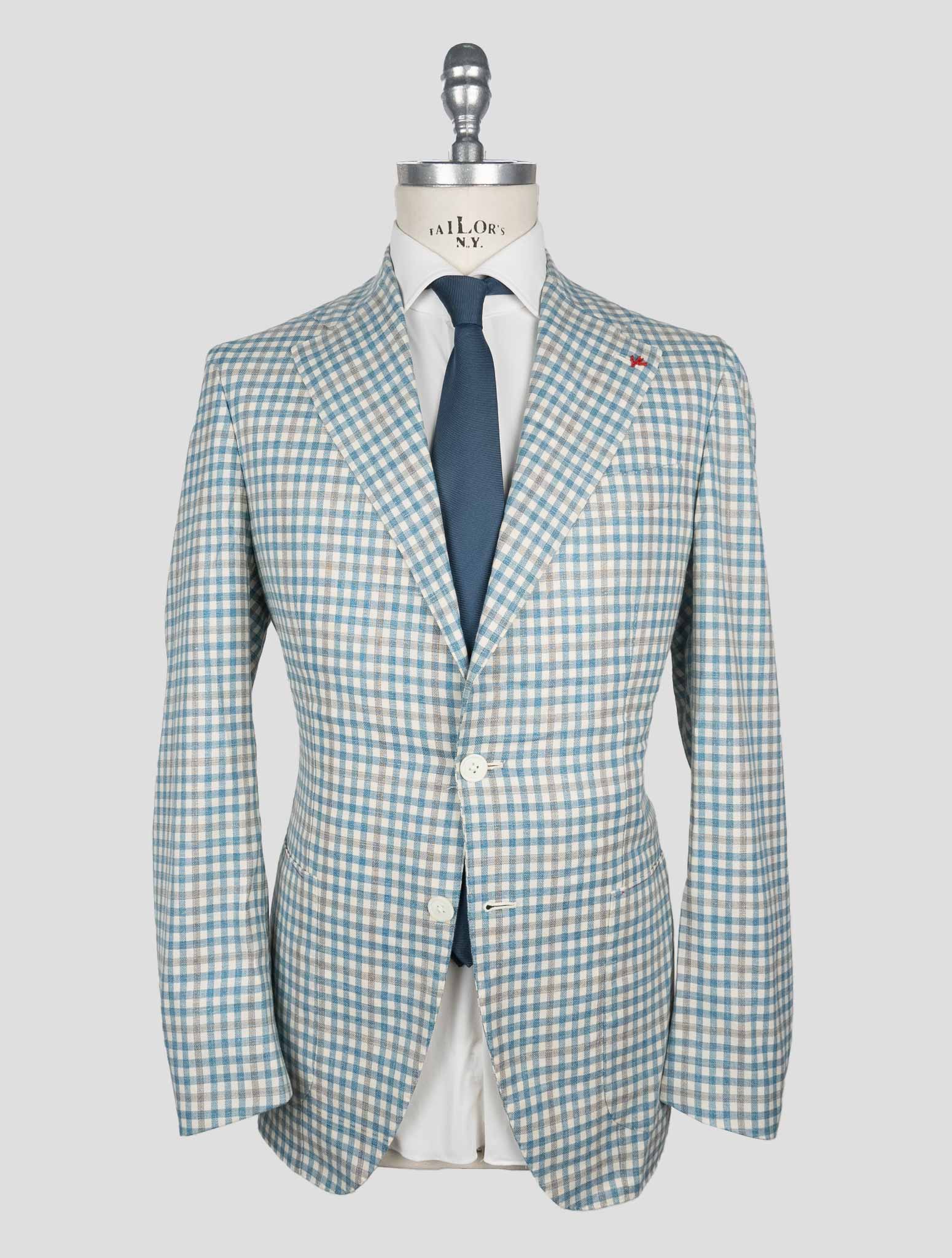 Isaia Light Blue White Wool Silk Linen EA Blazer