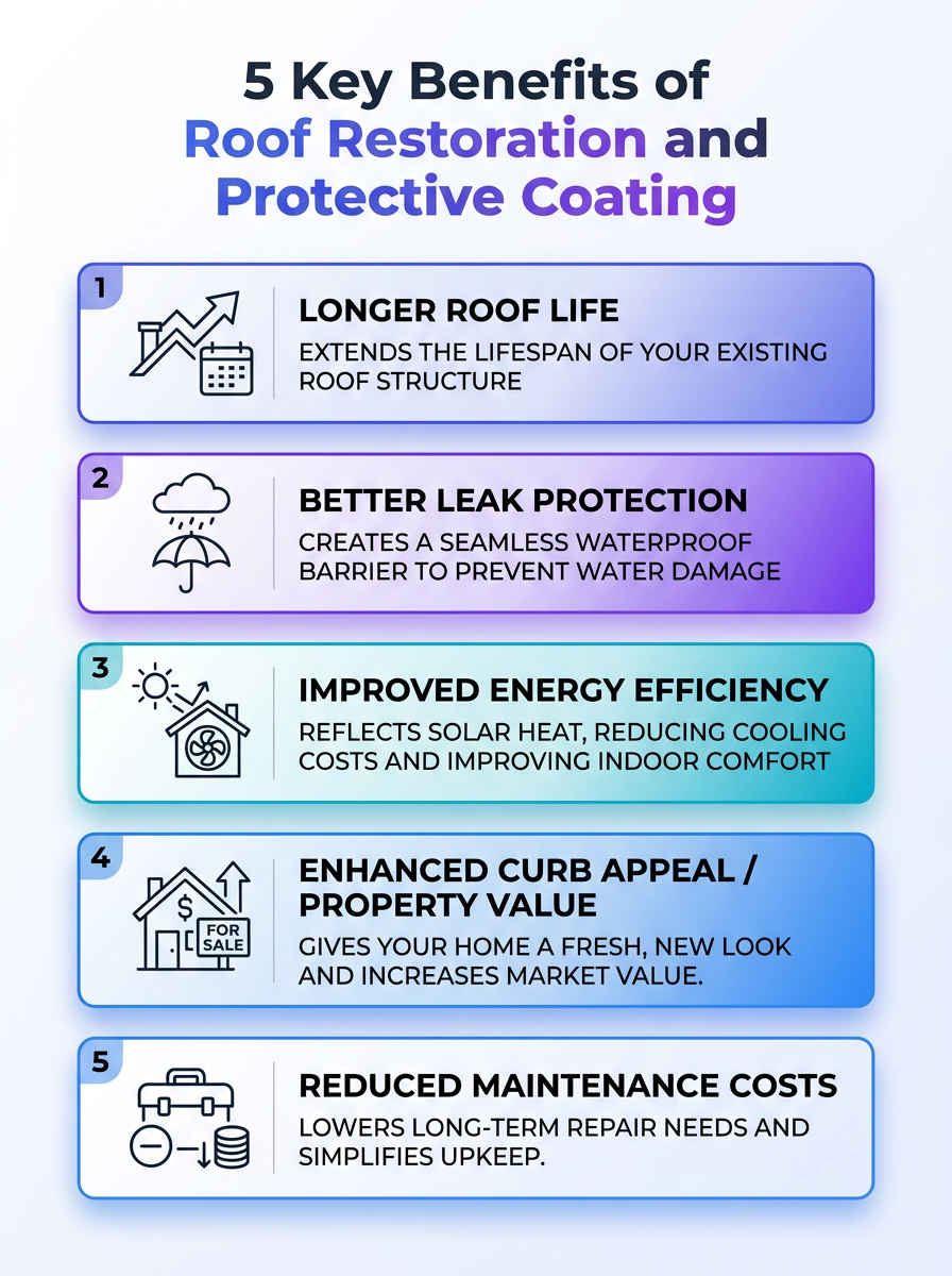 Illustration of 5 key benefits of roof restoration and protective coating.