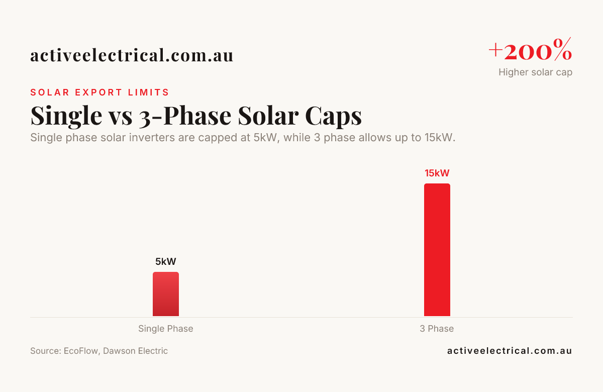 Single vs 3-Phase Solar Caps — data from EcoFlow, Dawson Electric