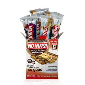 No Nuts! Variety Pack box open top front - Chocolate Chip, Cinnamon Roll, Blueberry Vanilla, Caramel Mocha