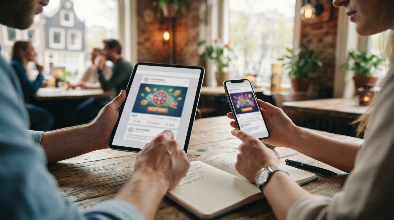 Close-up of hands comparing gambling promotion screenshots on a smartphone and tablet beside a notebook in a bright Dutch