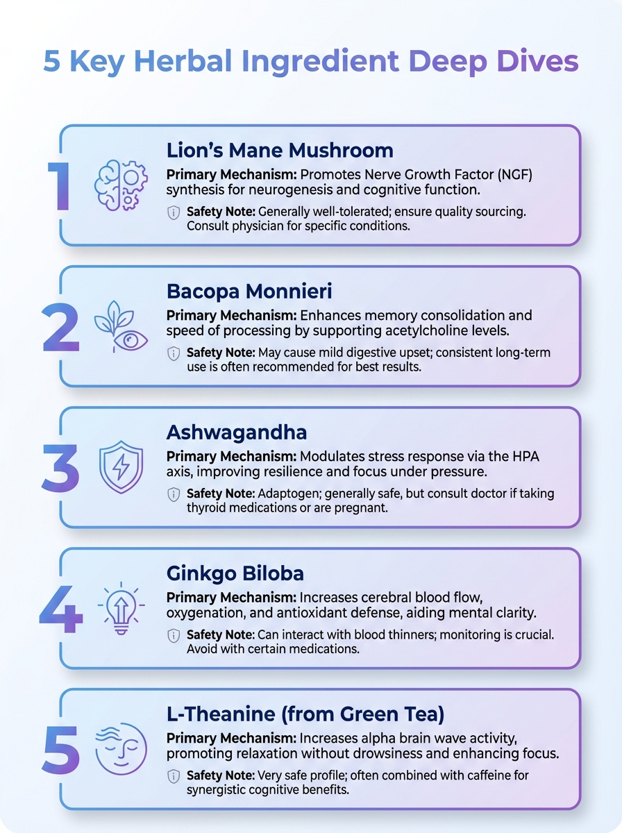 Infographic: 5 Key Herbal Ingredient Deep Dives — highlights uses and benefits of herbal ingredients.