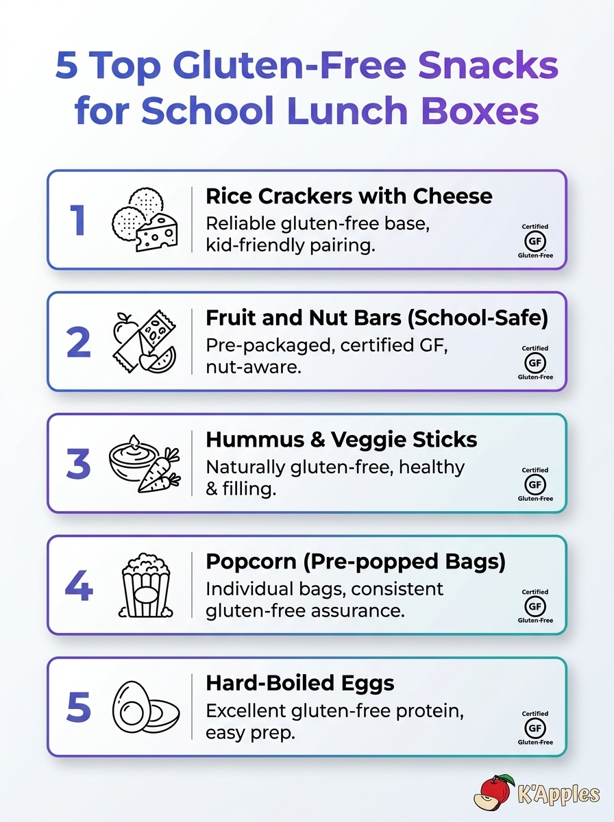 Infographic showing top 5 gluten-free snacks for school lunch boxes, reliable kid-friendly options.