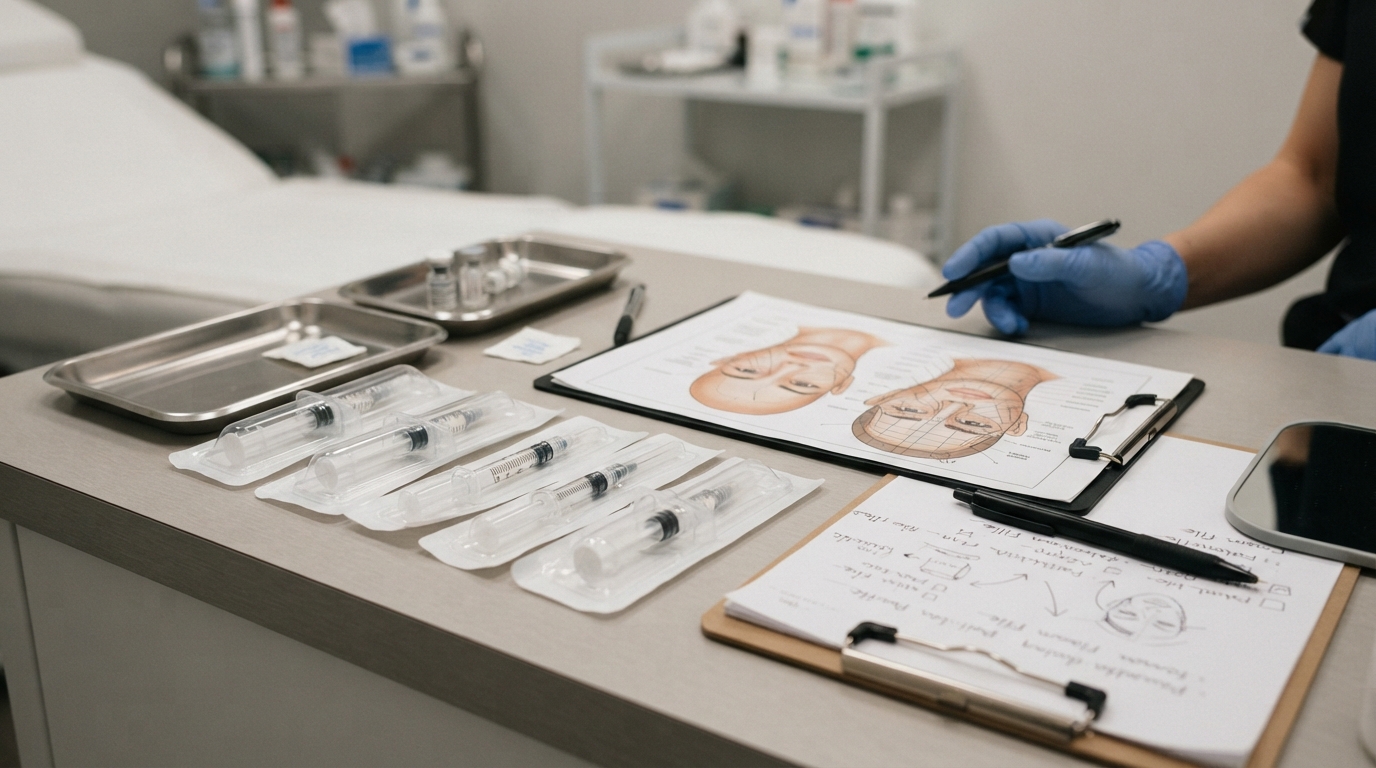 Unbranded filler syringes, a facial assessment chart, and handwritten treatment notes arranged on a clean clinic work face contouring fillers