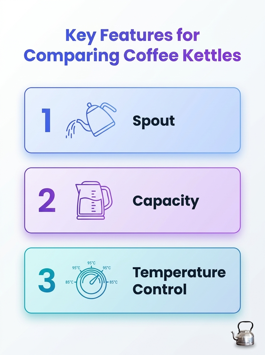 Infographic comparing stainless steel coffee kettles by spout design, capacity, and temperature control