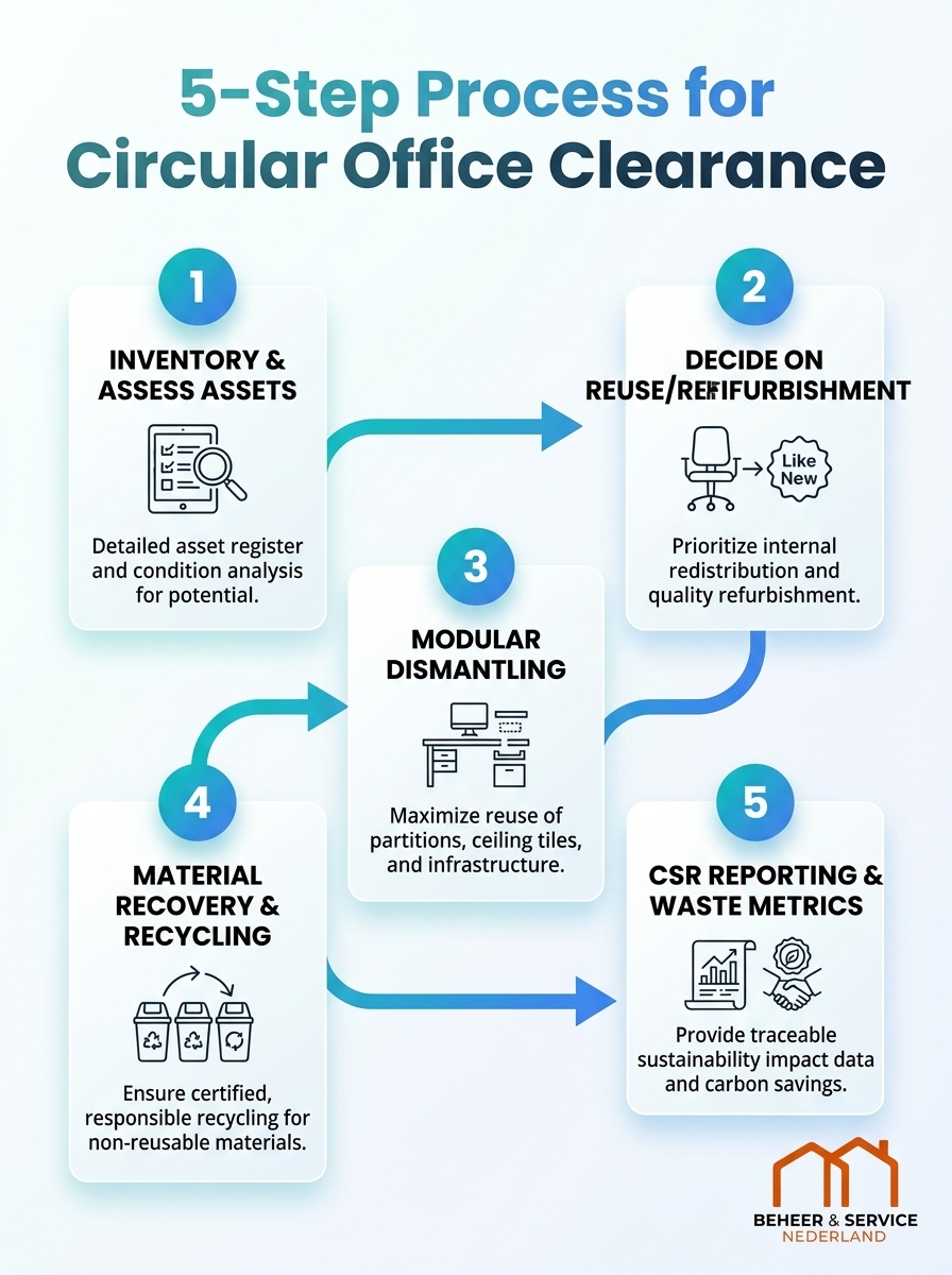 Infographic van het 5-stappenproces voor circulaire kantoorontruiming