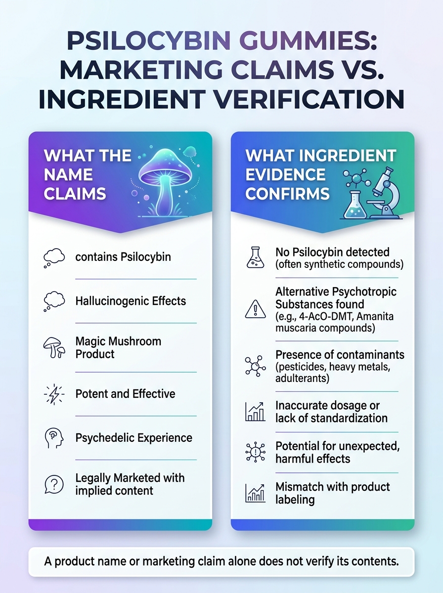 Psilocybin gummies infographic comparing marketing claims with ingredient verification