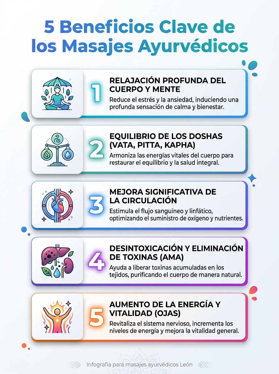 Infografía de los 5 beneficios clave de los masajes ayurvédicos en León