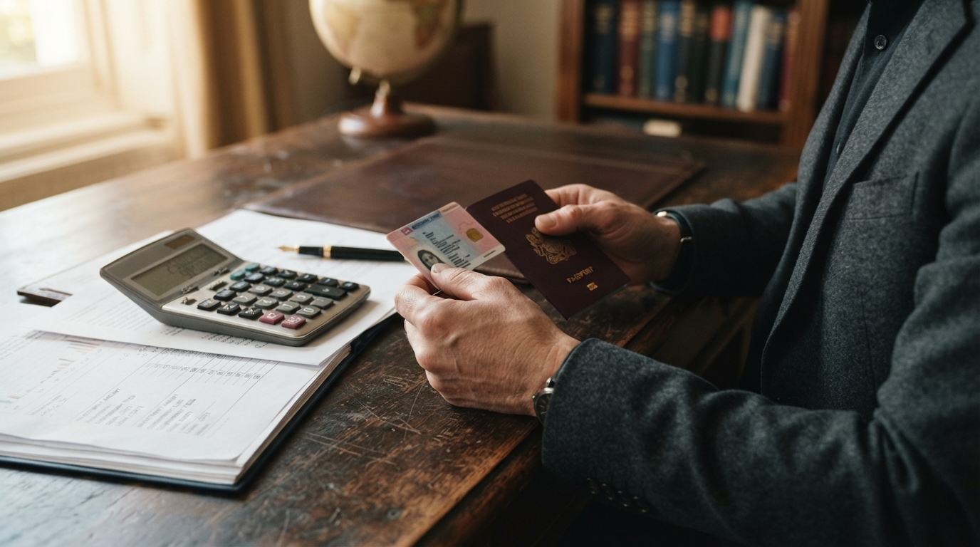 A close-up of hands comparing a residence card and passport beside a calculator and investment documents on a dark wooden