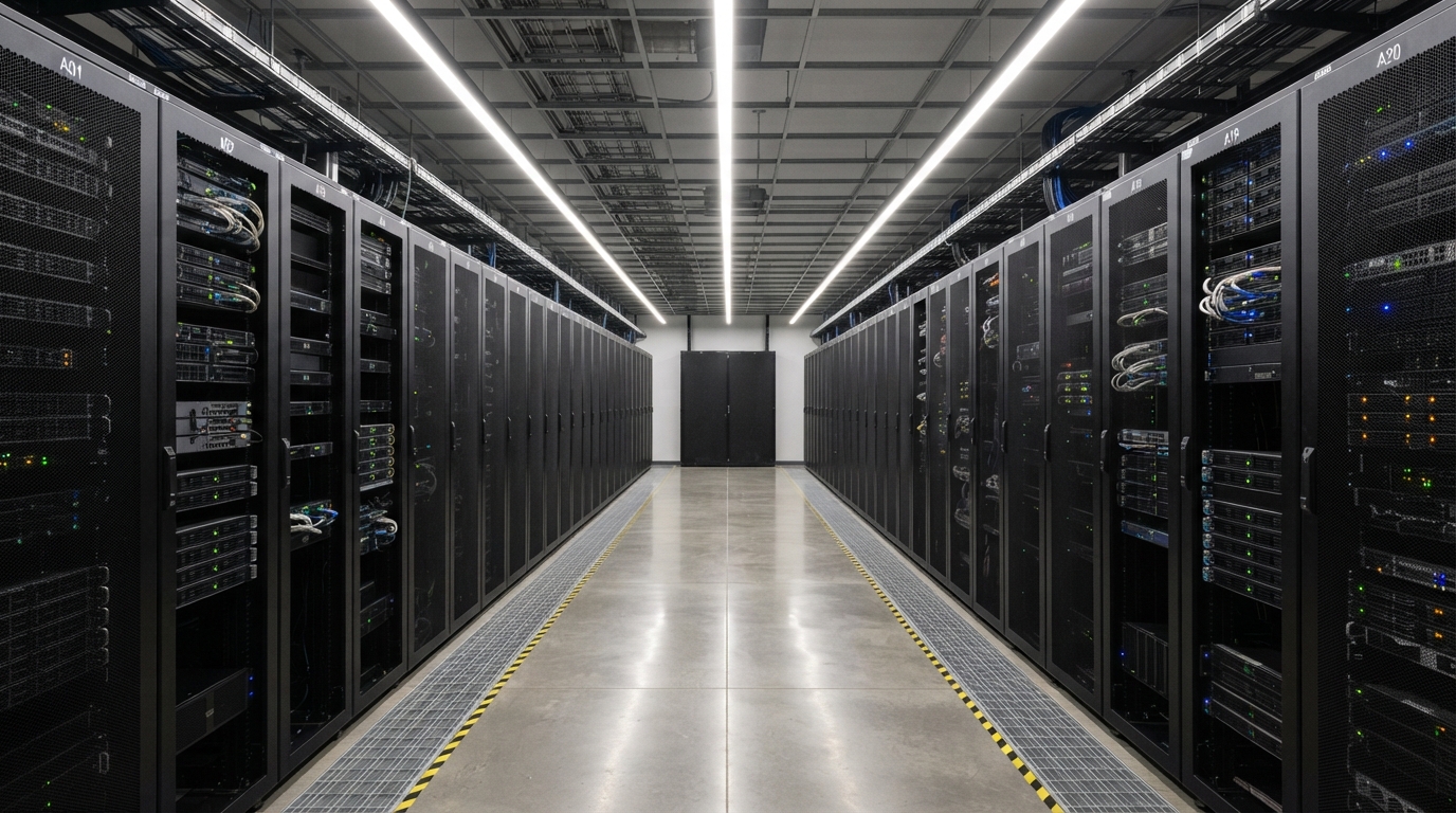 A centered, wide view down an empty data center aisle shows uniform ceiling lights revealing rack fronts and a clear walkway.